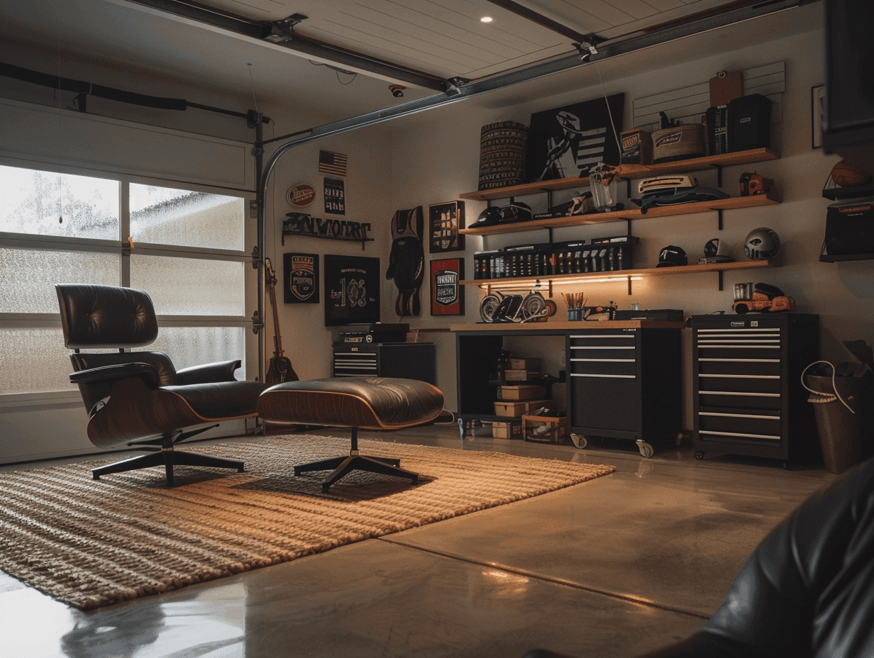 Garage man cave with polished epoxy floors, rubber tiles near the workbench, and a neutral rug under leather seating.