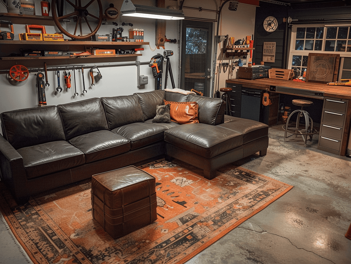 Garage with an orange rug, ottoman, a brown couch and pillows. 