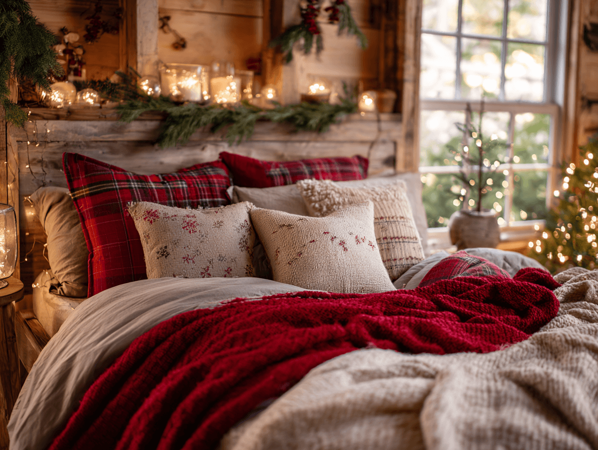 Cozy Christmas bedroom with red plaid throw blanket and festive holiday pillows on bed