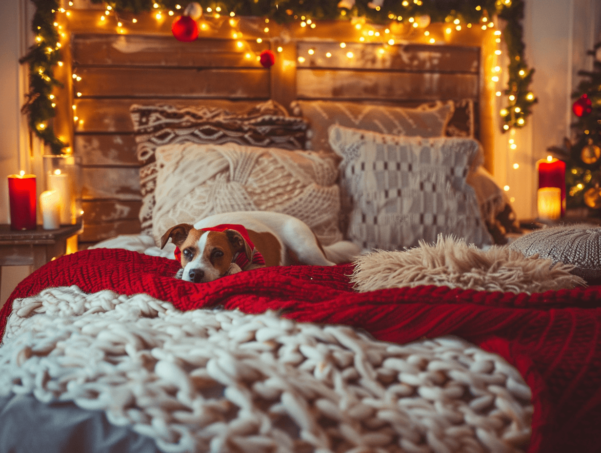 Cozy Christmas bedroom with pet-safe decorations and dog bed beside twinkling lights and festive bedding