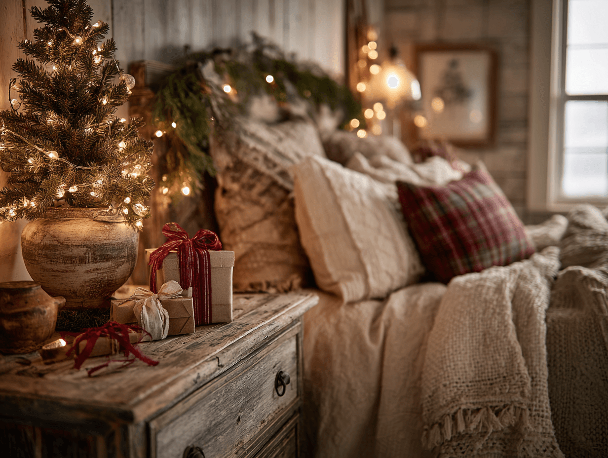 Mini Christmas tree on dresser with pine garland and wrapped gifts in cozy holiday bedroom