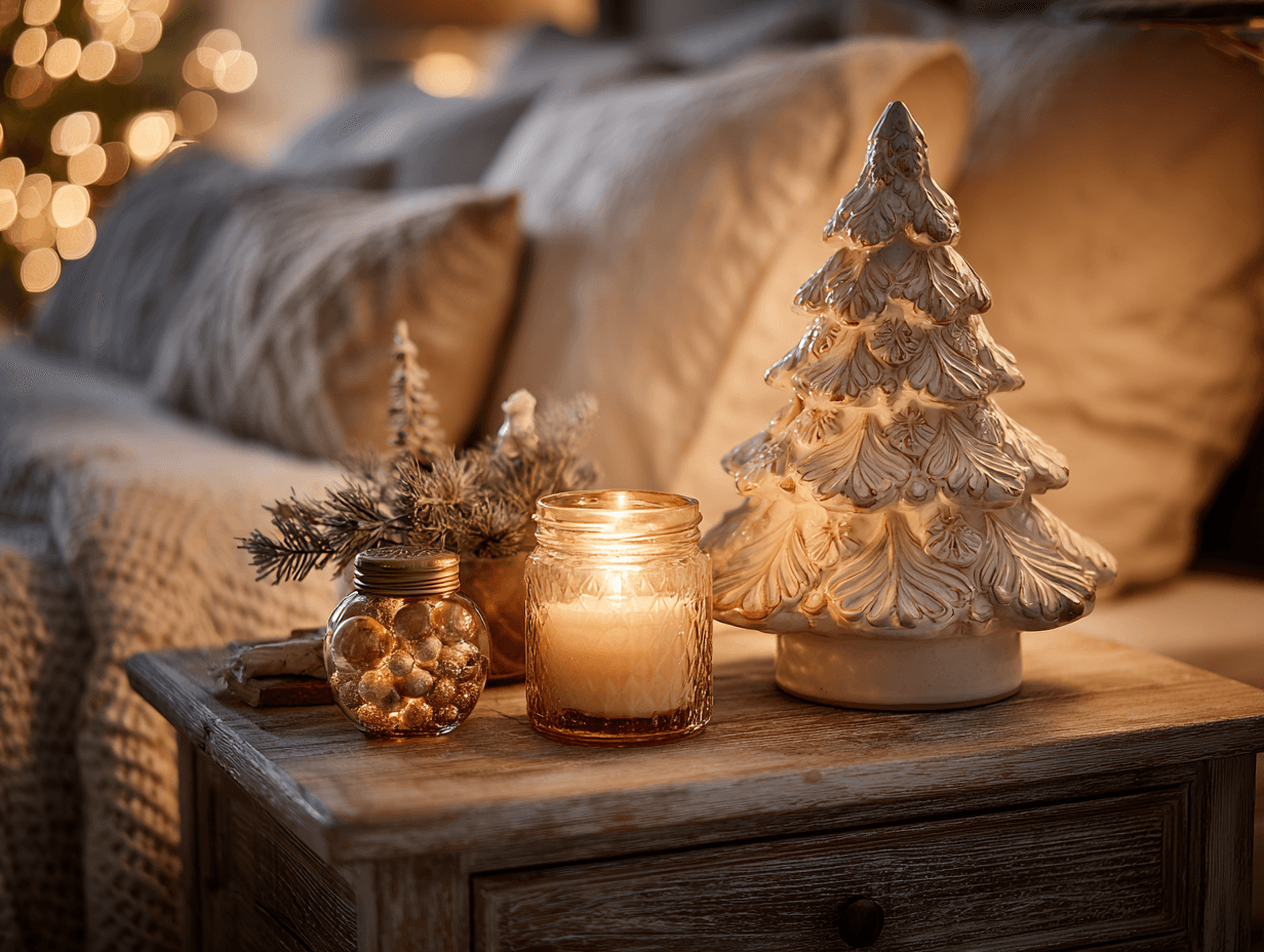 Christmas nightstand with ceramic tree, pine candle, soft lamp, and festive accents in cozy bedroom