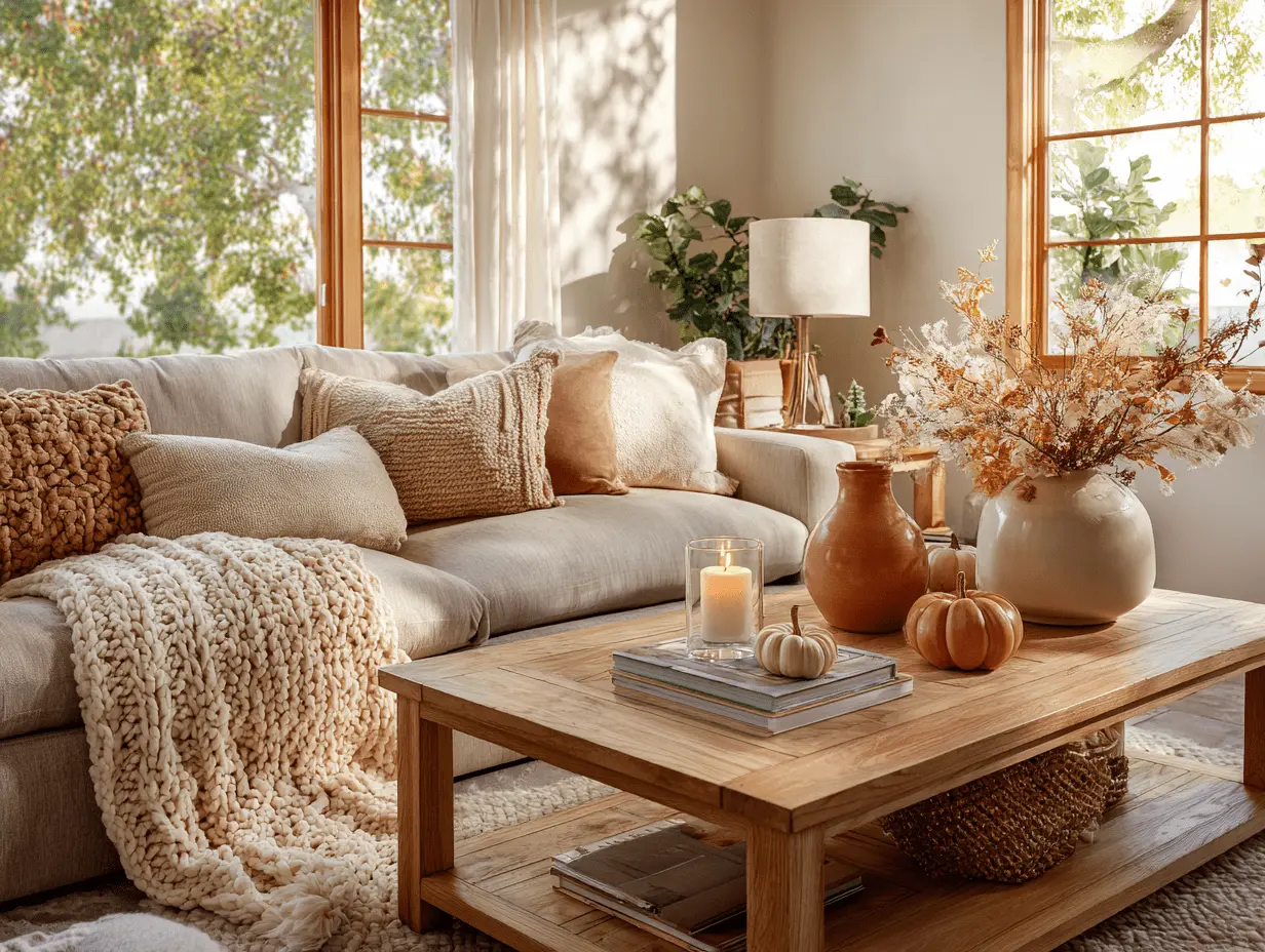 Bright and welcoming fall living room with golden lighting, cozy textures, terracotta accents, and soft seasonal touches like candles and pumpkins