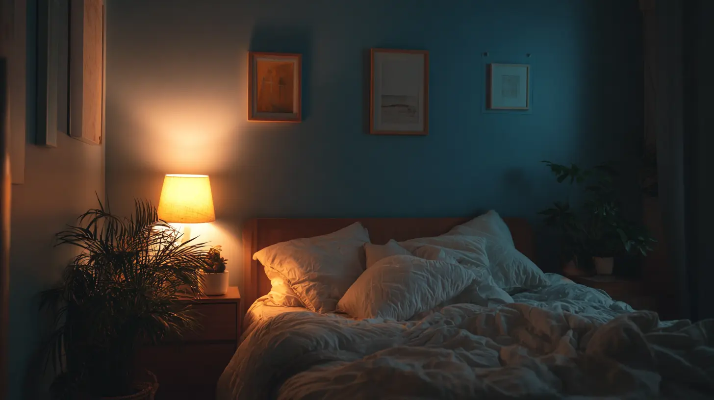 Dark blue bedroom with warm lamp glow showing colors that make you sleep.