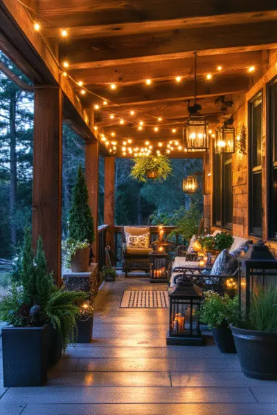 Layered porch lighting with string lights and lanterns – pin this cozy porch lighting idea for your next outdoor glow-up.