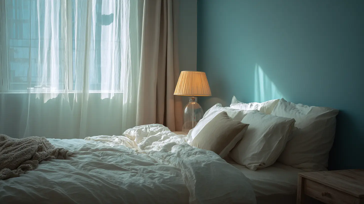 Cozy bedroom with soft teal accent wall and warm lamp light showing calm paint colors for bedrooms.