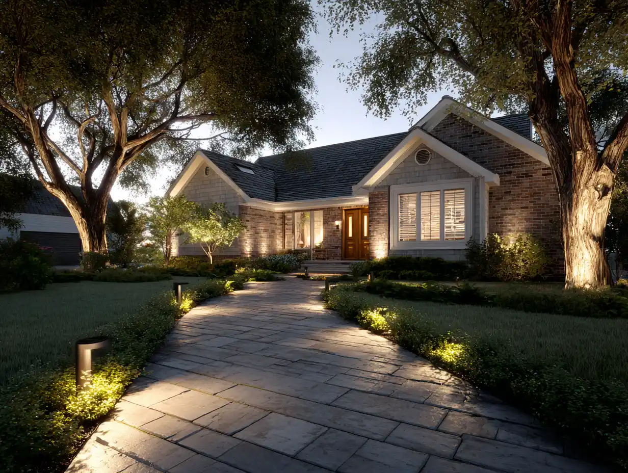 Exterior lighting ideas in action, brick suburban home at dusk with tree uplighting, pathway lights, and warm entry sconces along a stone walkway.