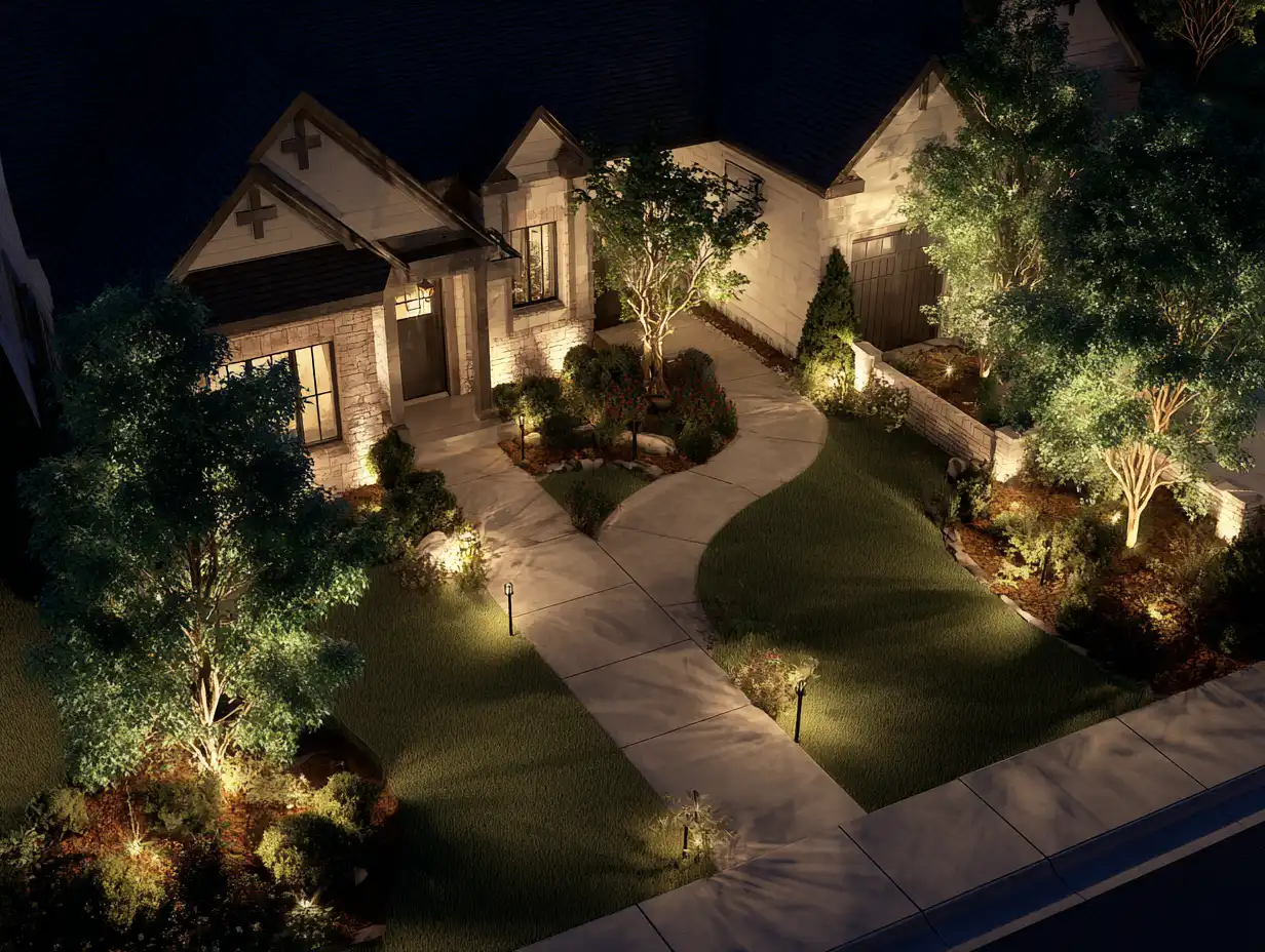 
Aerial view of exterior lighting ideas showing three zones, tree uplighting, pathway lights, and entry sconces on a stone home at night.
