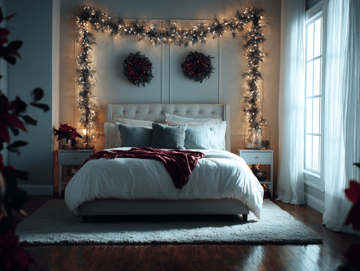 Christmas bedroom with garland over headboard, mini wreaths on windows, and string lights around curtains