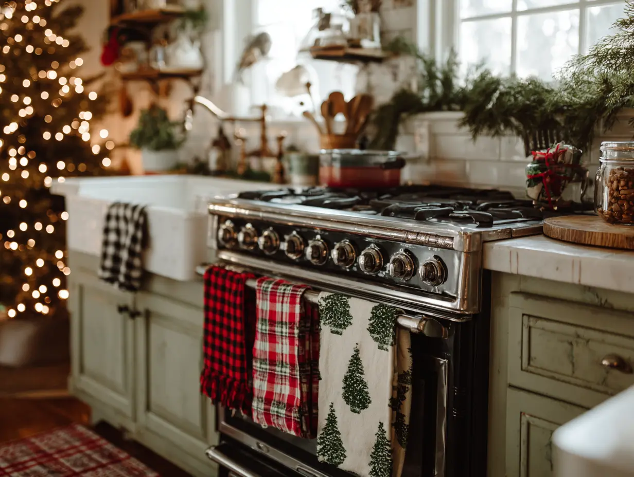 Festive holiday kitchen towels with red plaid and Christmas tree patterns hanging on an oven handle in a rustic kitchen with warm wood cabinets, greenery accents, and cozy holiday charm.