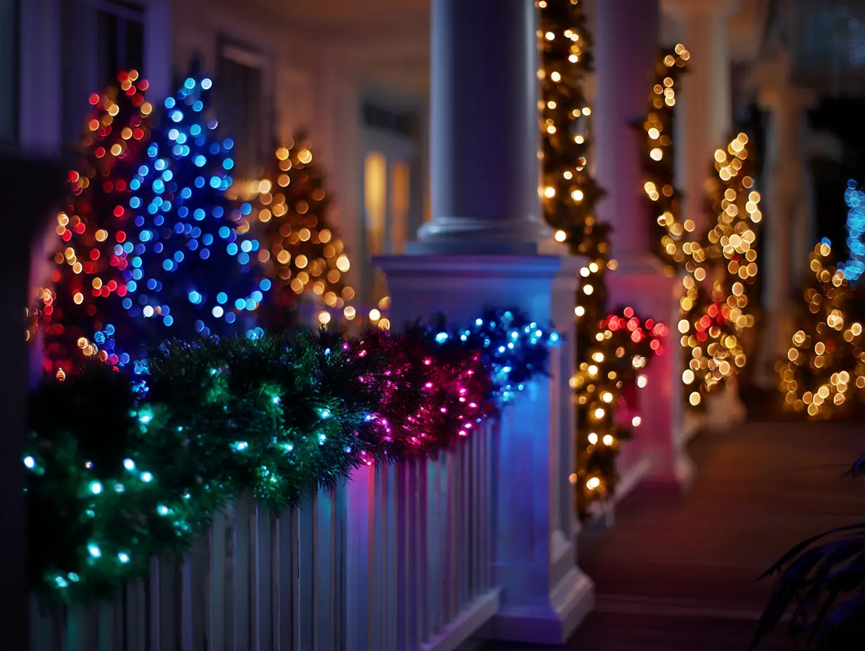 Smart Christmas lights ideas with layered LED string lights wrapped around porch railings, columns, and trees.