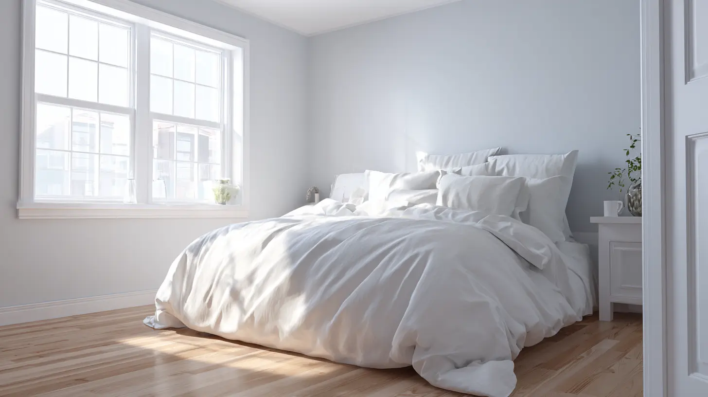 Bright white bedroom with sunlight showing the calm result of choosing the right bedroom paint colors.