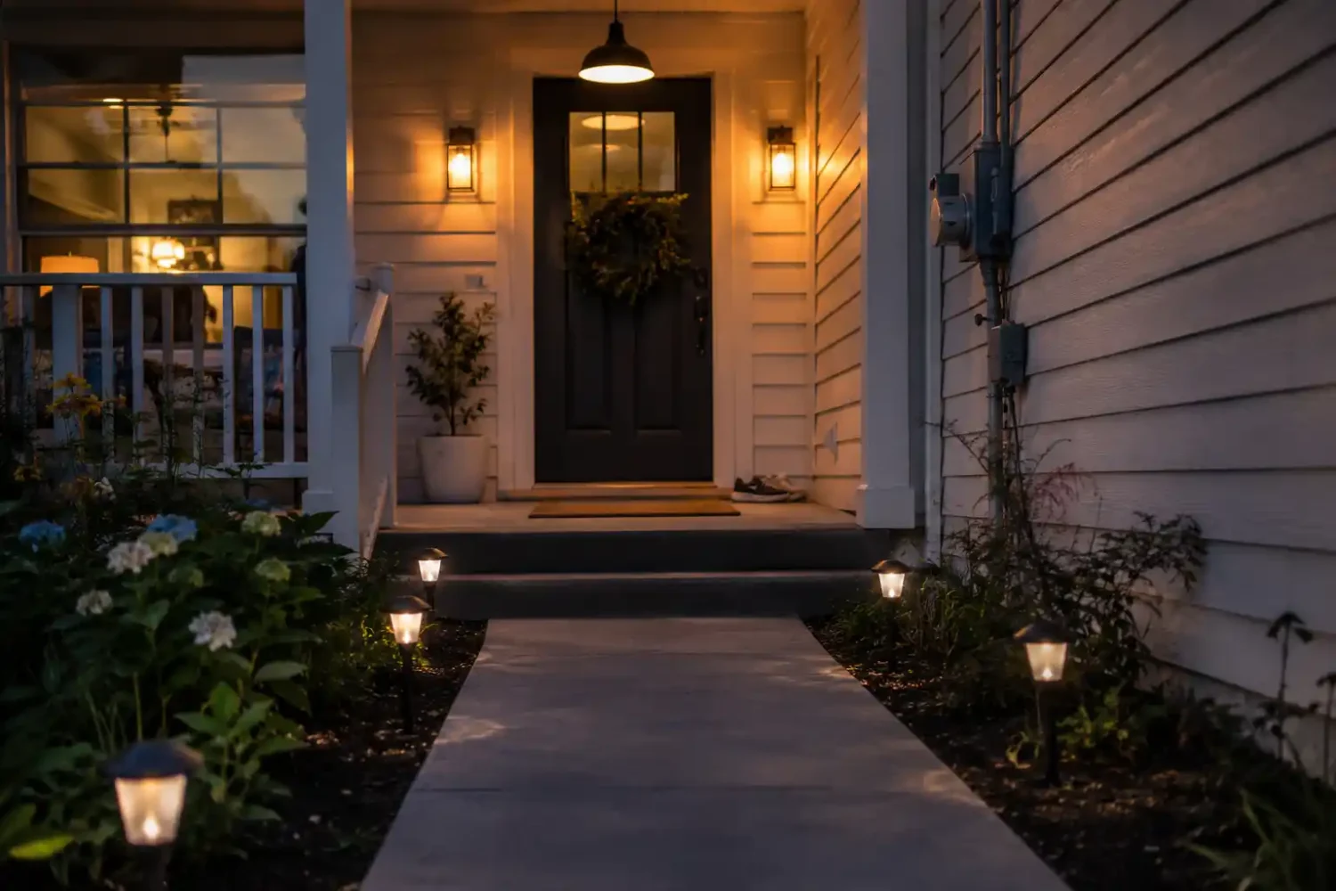Front porch at dusk with warm wall sconces, a hanging pendant light, solar pathway lights, a wreath on the front door, potted plant, and shoes by the entry creating a cozy and welcoming home exterior.