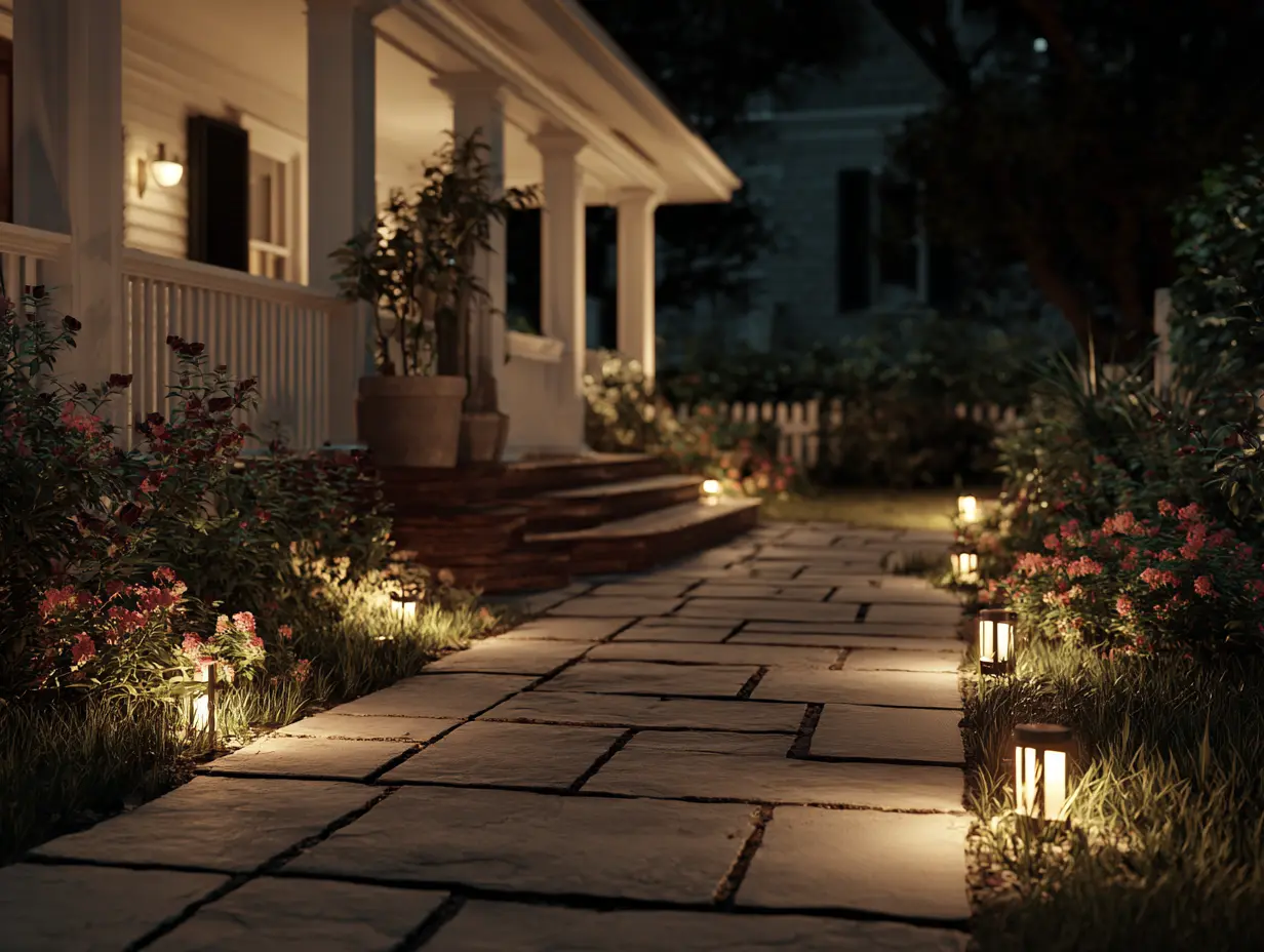 Solar pathway lights staggered along a stone front yard walkway at night, warm golden glow illuminating flowering plants leading to a white farmhouse porch.