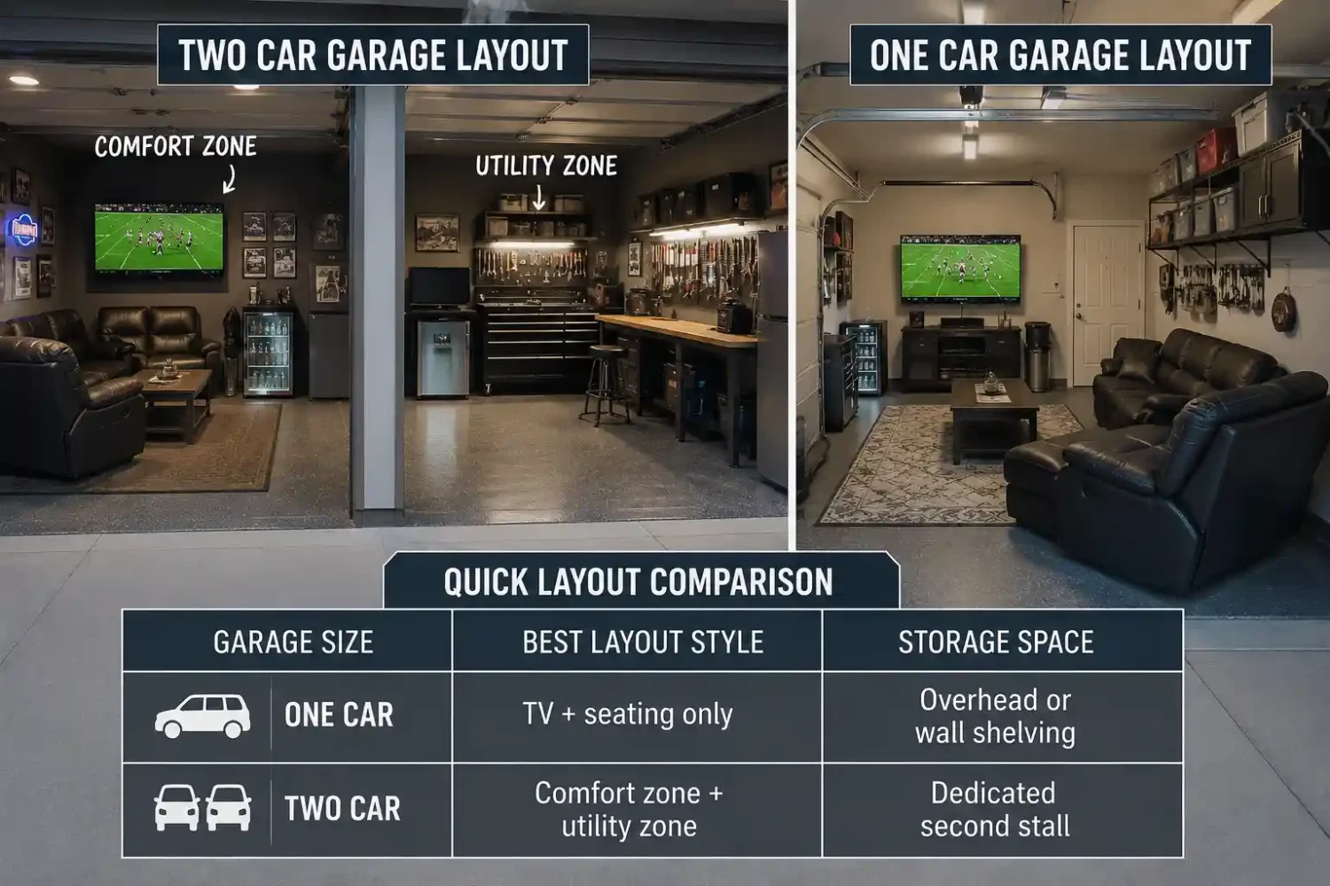 Garage man cave layout ideas comparing one-car and two-car garage layouts with seating, TV, workbench, and storage zones.