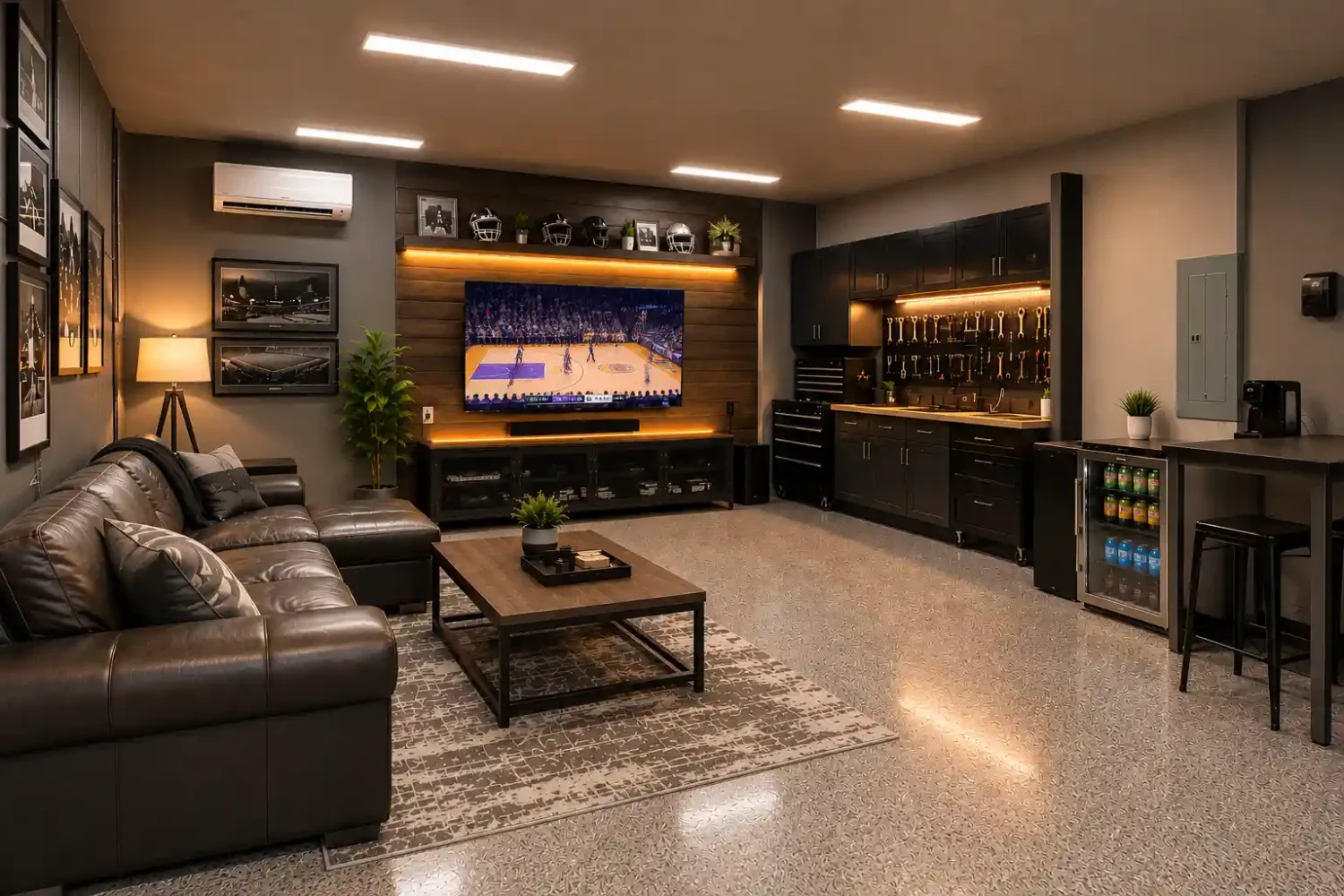 Modern garage man cave with bright overhead lighting, warm accent LED lighting, a wall-mounted TV showing a basketball game, black cabinetry, leather sectional, mini split HVAC, polished concrete floor, and organized workshop area.