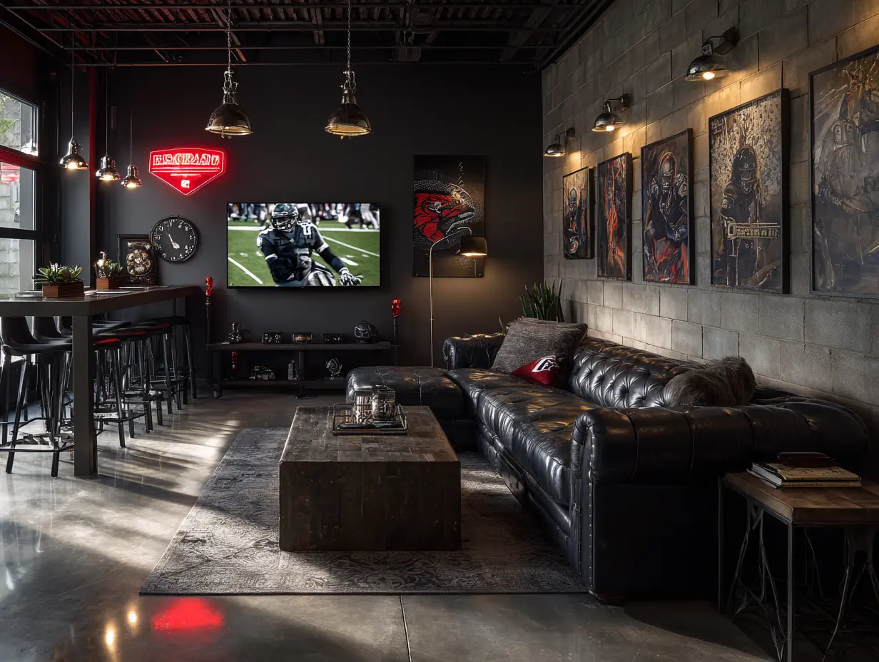 Garage man cave turned into a sleek lounge