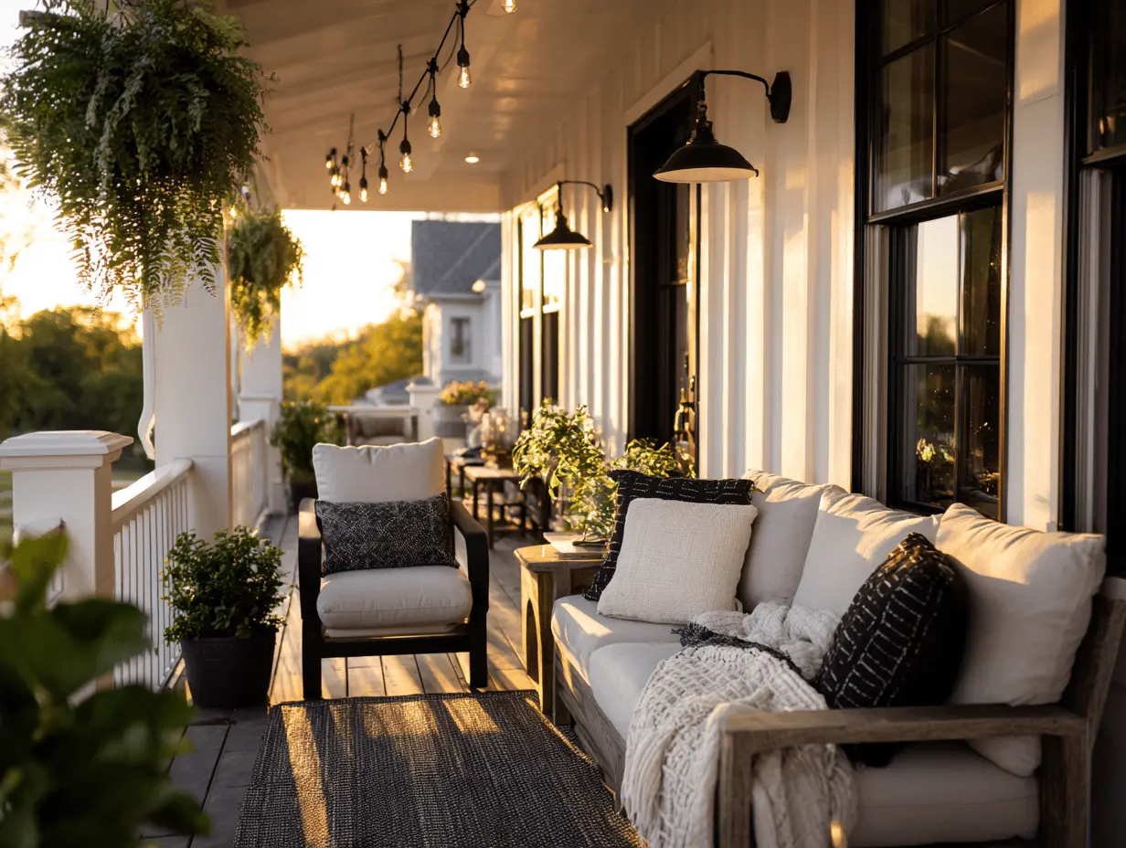 Outdoor porch Lighting at dusk with layered warm lighting and soft glow around the doorway