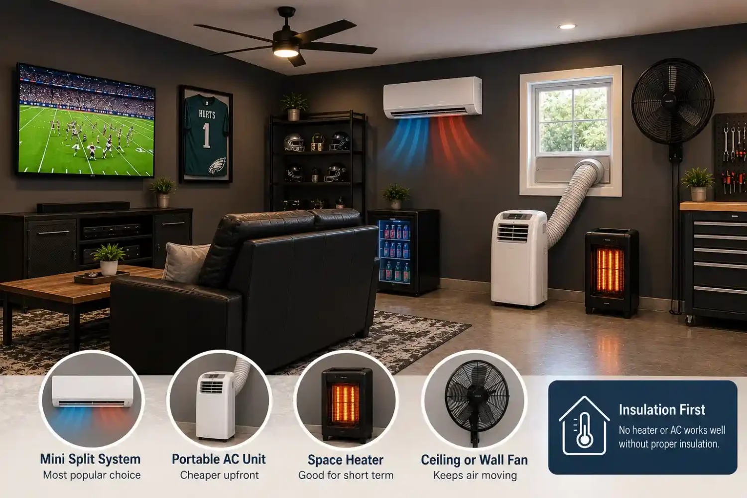 Garage man cave with a mini split system, portable air conditioner, space heater, wall fan, and insulated garage door to improve year-round comfort and climate control.