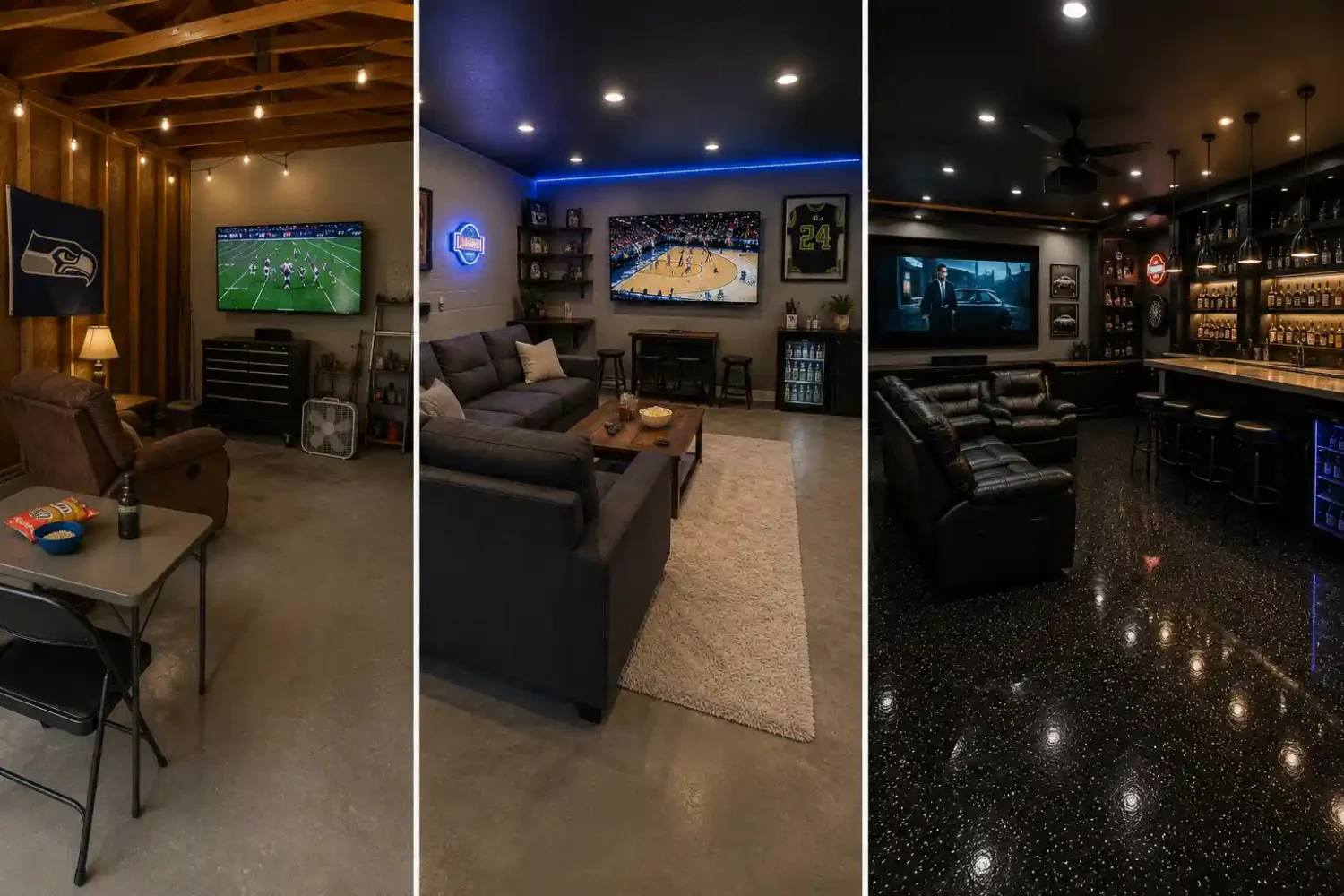 Garage man cave cost comparison featuring budget, mid-range, and premium garage setups with upgraded seating, lighting, epoxy flooring, and built-in bar features.