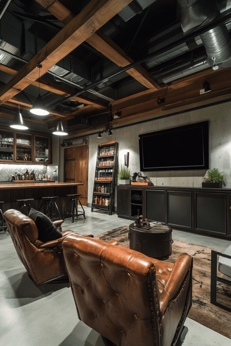 Garage man cave ideas featuring luxurious leather seating, industrial lighting, and entertainment center in a fully converted basement space - transform your garage into the ultimate retreat today!