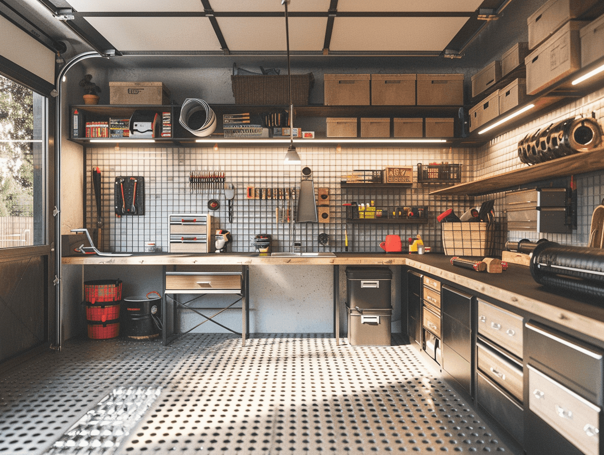 Garage with storage shelves and boxes. Tools hanging on the walls. 