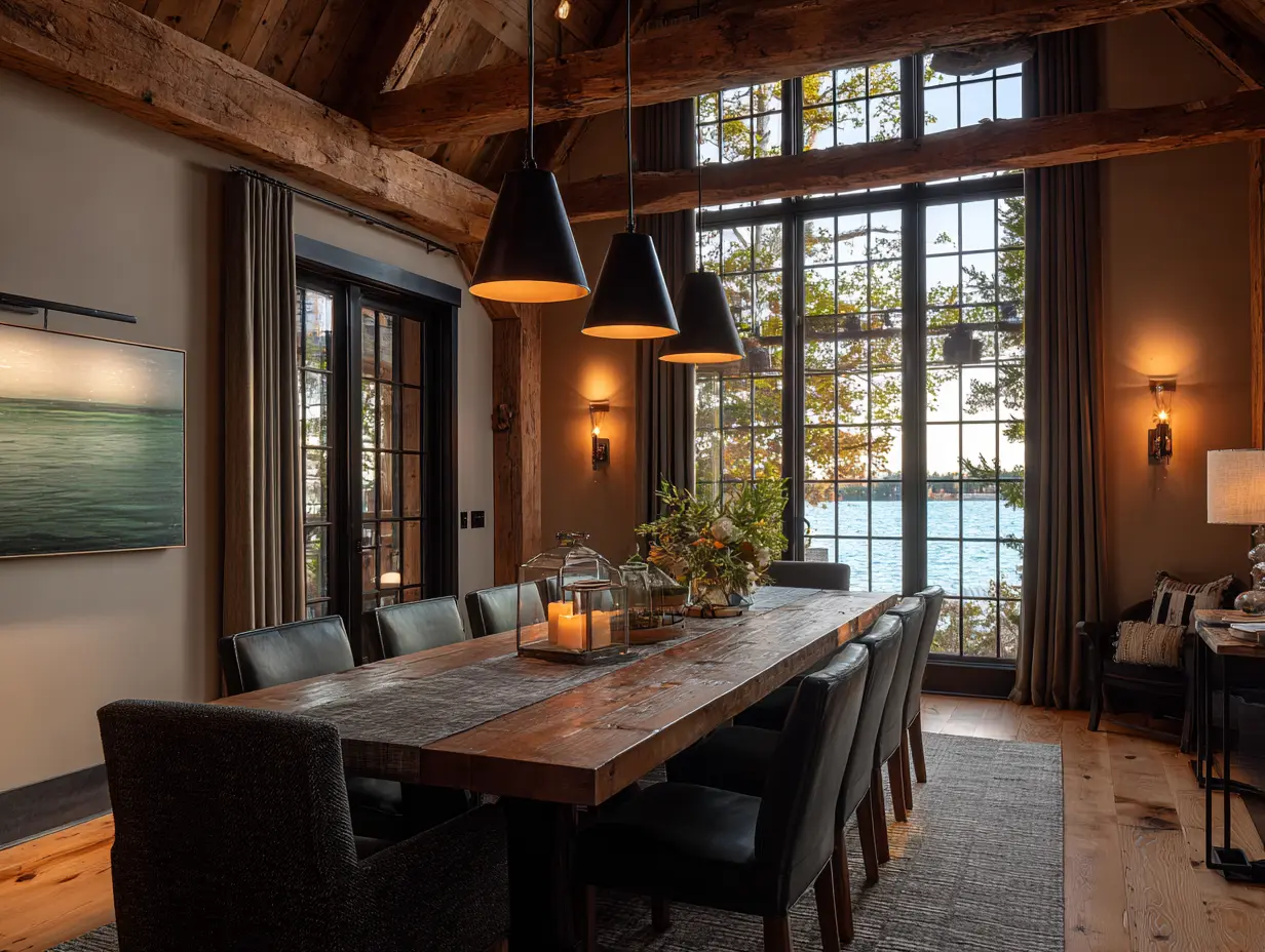 Editorial-style dining room with vaulted wood-beam ceilings, black pendant lights, and a long rustic wood table surrounded by black leather chairs; large grid-pane windows frame a glowing lakeside sunset, casting warm light across cozy layered textures and natural finishes.