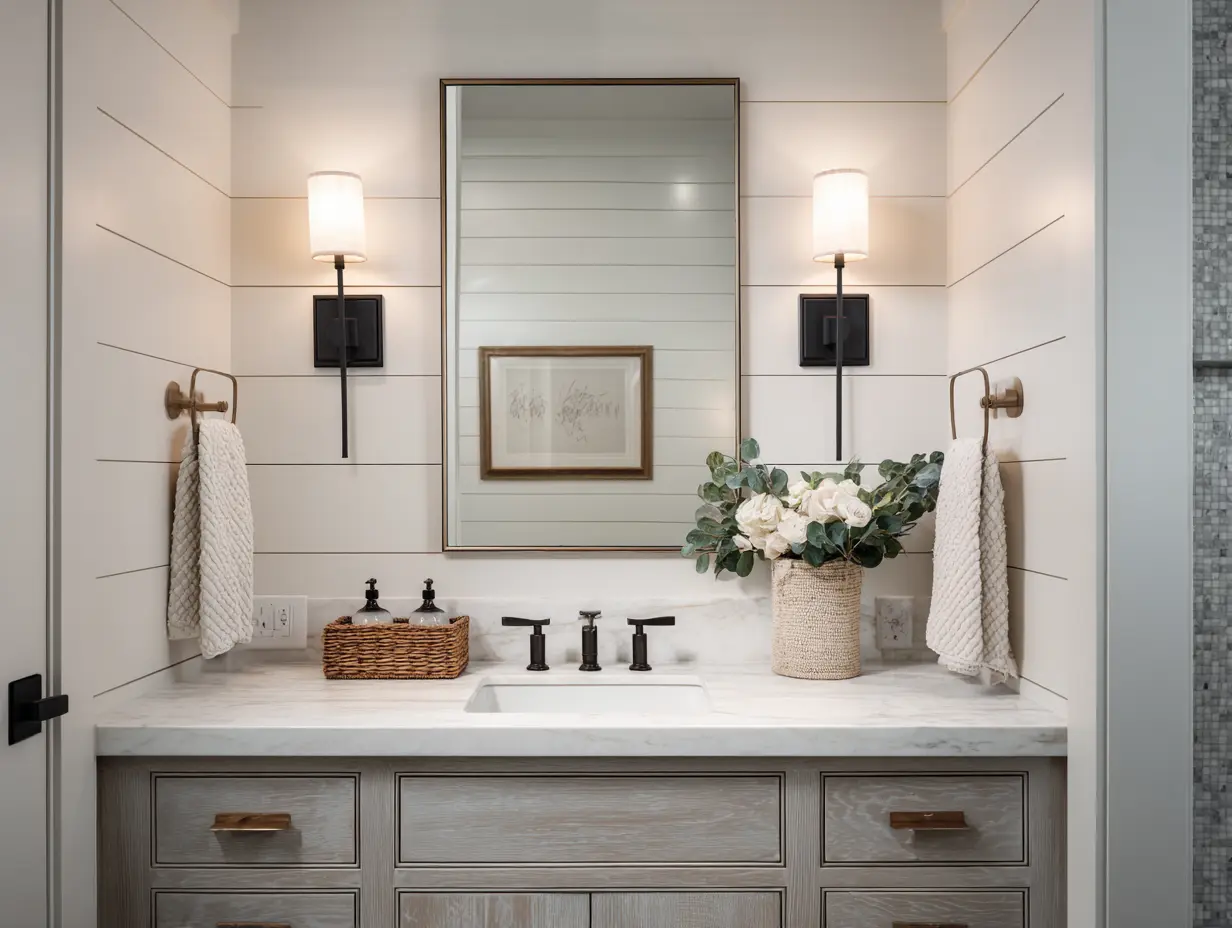 Lake house bathroom with wall-mounted sconces on either side of mirror, even flattering light, shiplap walls, and moisture-rated fixtures creating bright functional space.