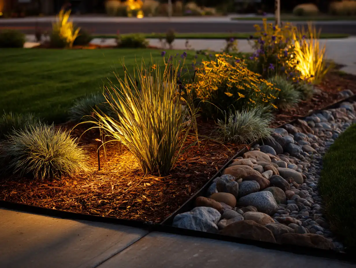 Low voltage landscape lighting spotlights illuminating ornamental grasses and garden bed plants at twilight, warm golden glow with river rock border and manicured lawn.