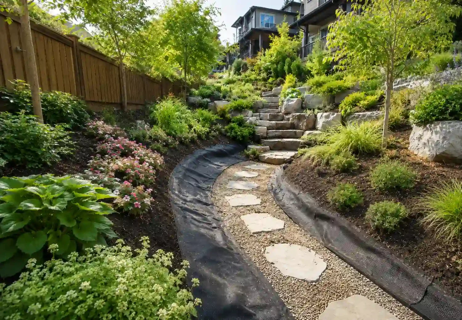 Sloped backyard with erosion control blanket on problem area, surrounded by lush ground cover and safe stone path access, bright daylight, bold colors, clean landscaping design.