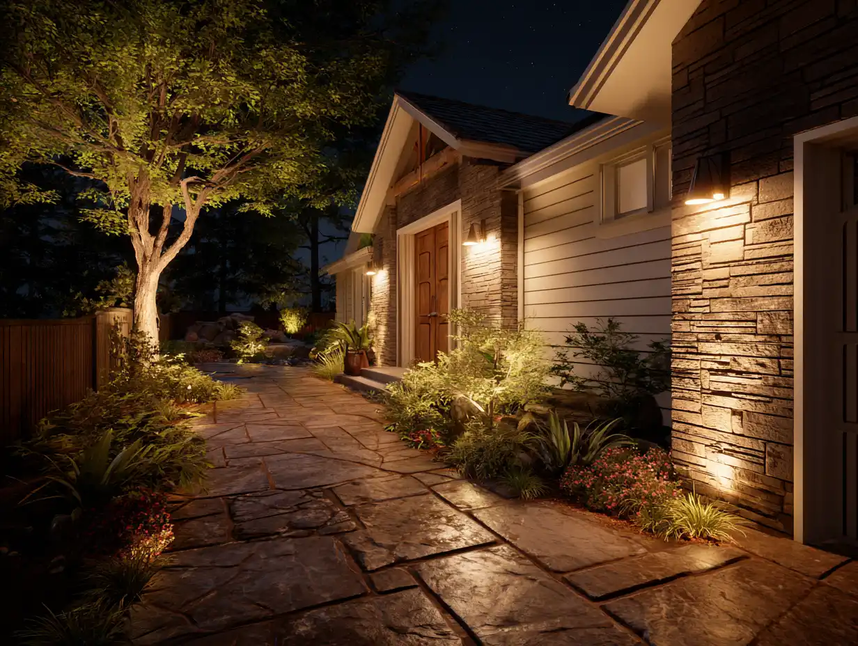 Layered outdoor lighting on a craftsman home at night, tree uplighting, wall sconces, and landscape spotlights illuminating a stone walkway and lush garden beds.