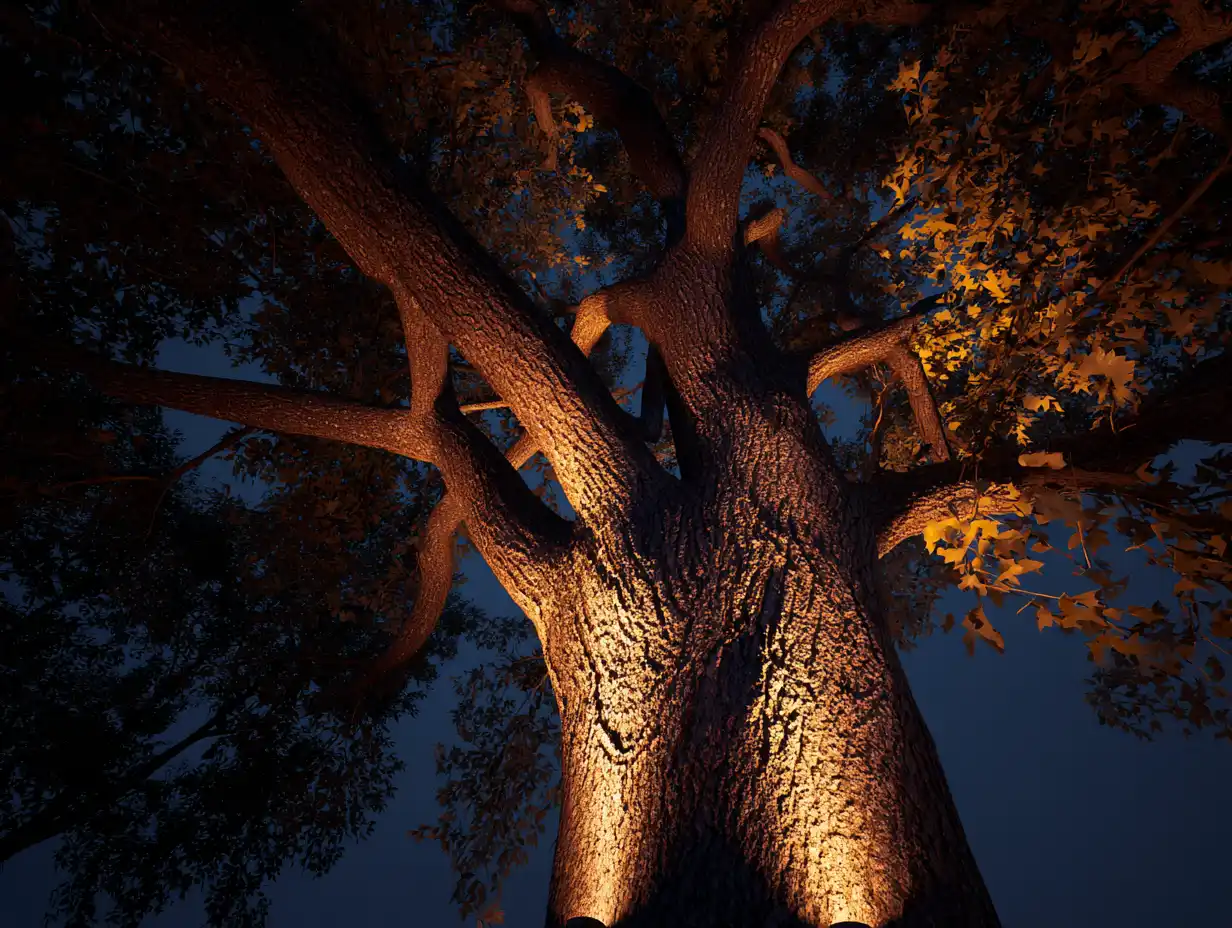 Low voltage landscape lighting spotlight illuminating a mature oak tree from the base, warm golden glow highlighting bark and canopy against a dark evening sky.