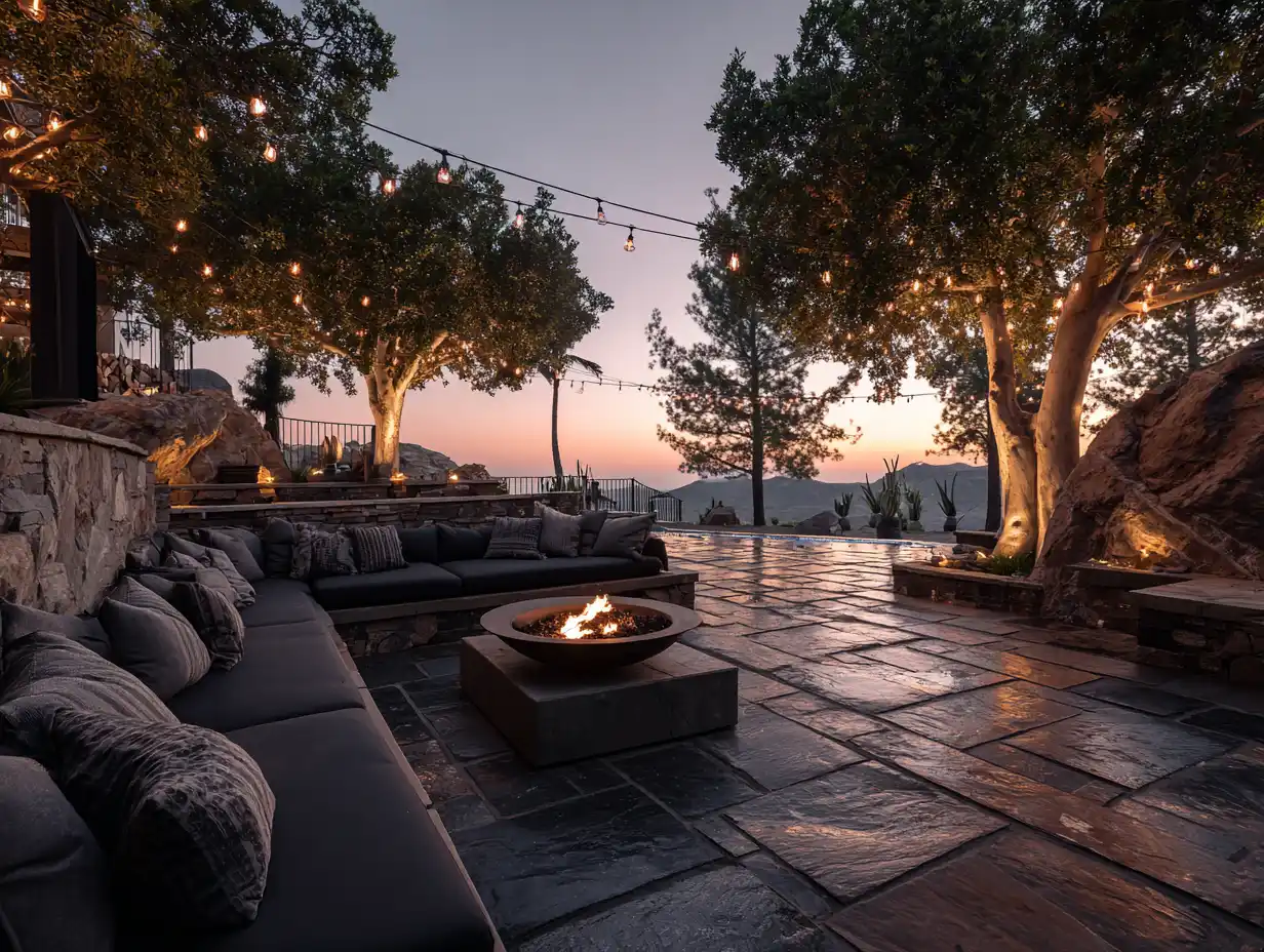 Outdoor man cave ideas showcasing durable backyard flooring with stone pavers, integrated fire pit seating, string lights overhead, and a relaxed outdoor entertainment space designed for long-lasting use.