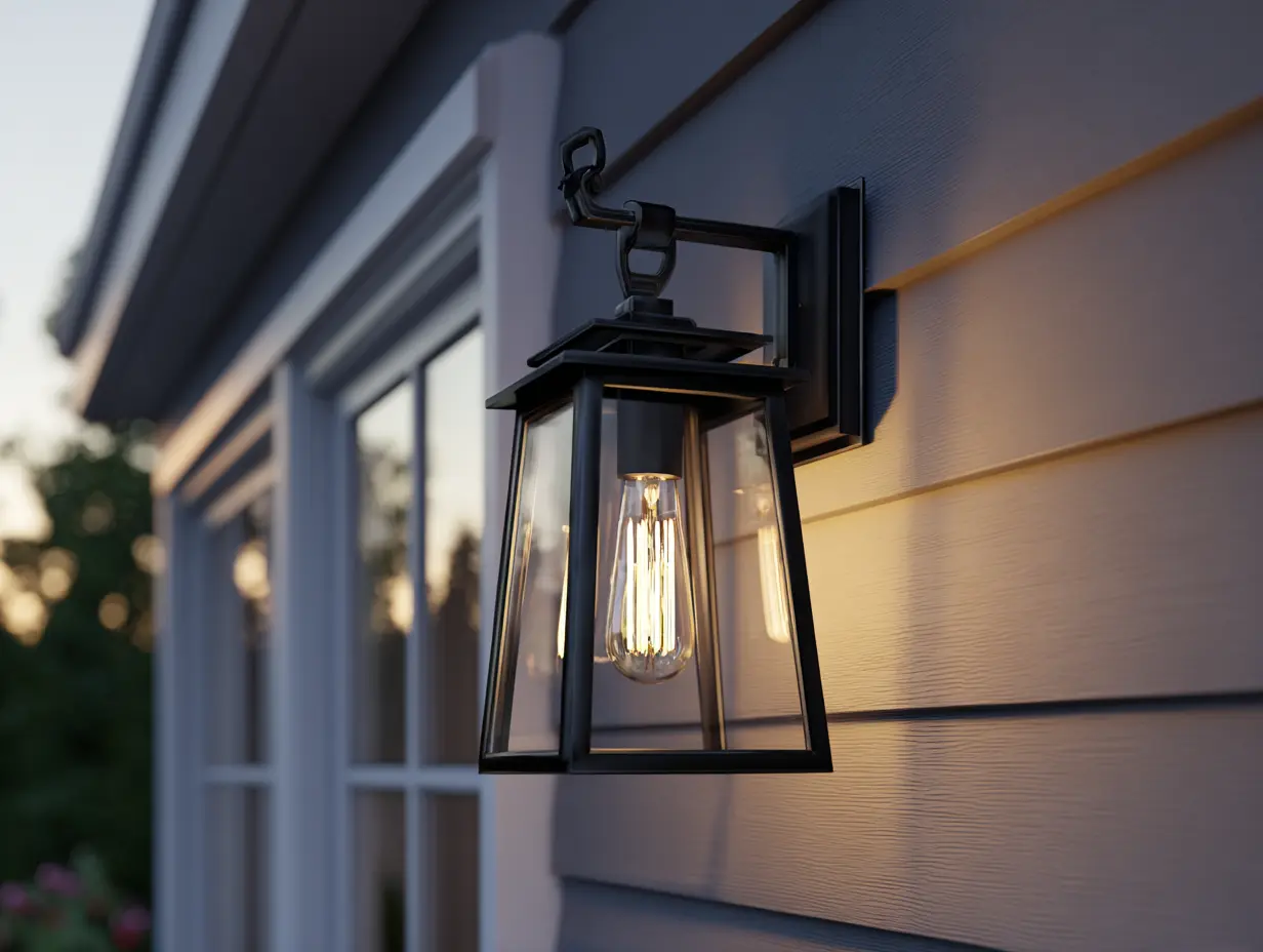 Matte black outdoor wall sconce with clear glass and Edison bulb mounted on gray siding at dusk, warm glowing exterior light fixture for curb appeal.
