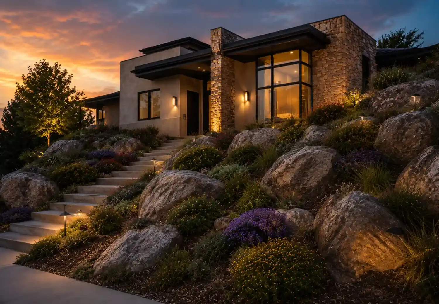 Modern home steep hill landscaping with large anchor boulders and layered drought-tolerant plants at dusk