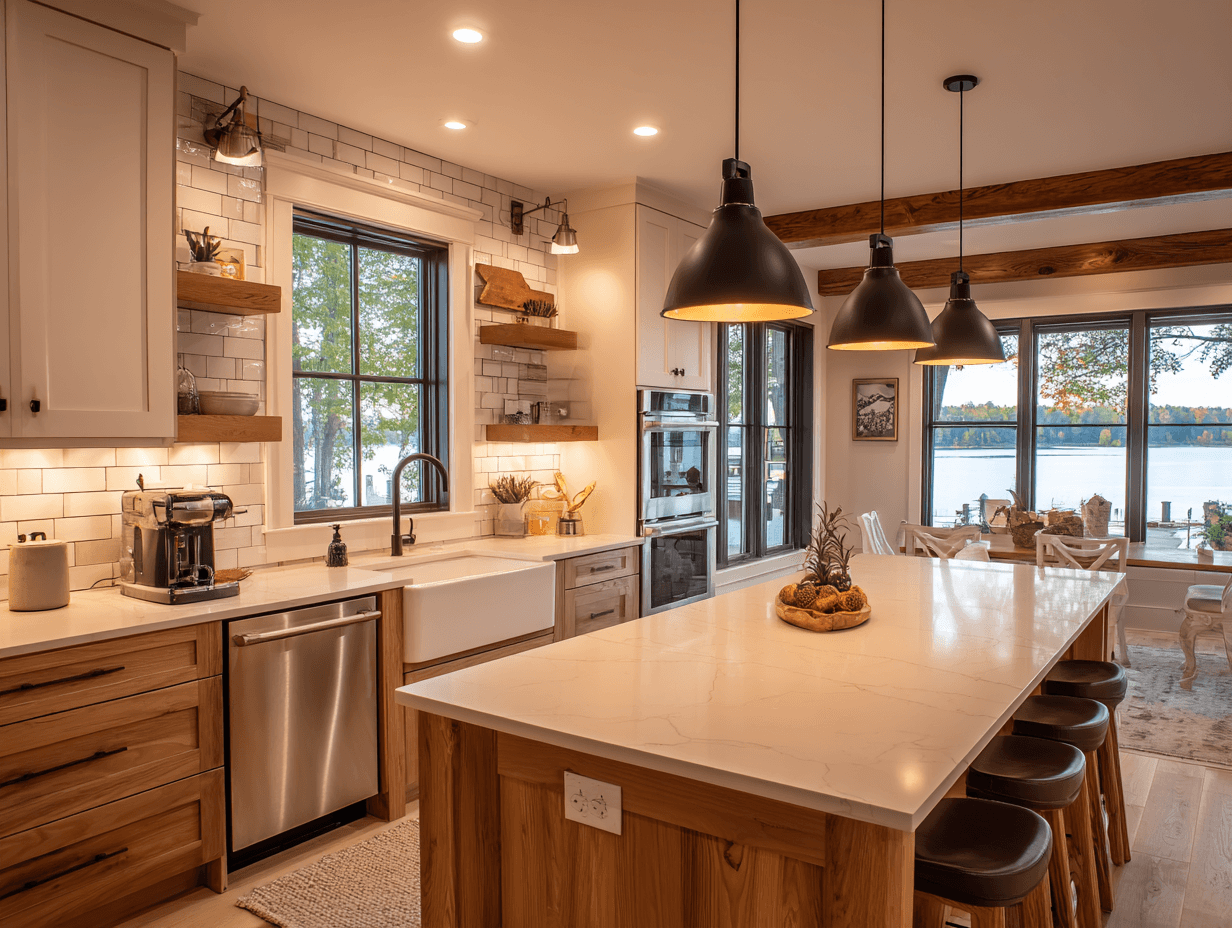 Lake house kitchen with matte black pendant lights, LED under-cabinet strips, and a small accent lamp near a coffee station