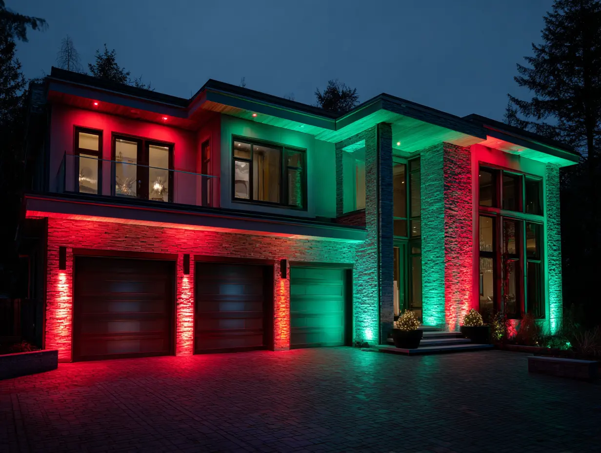 Smart RGB flood lights highlighting a modern house with app-controlled Christmas lights in bold red and green, creating dramatic holiday curb appeal.