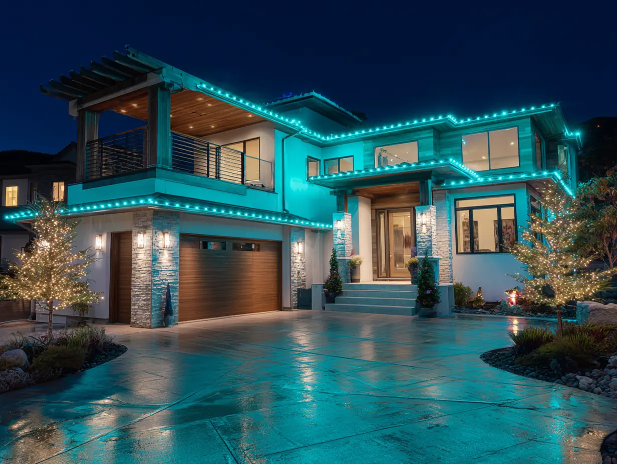 Mix of warm white lights and aqua blue Christmas lights trend on a modern house, creating contrast and depth as eco-friendly Christmas lighting ideas.
