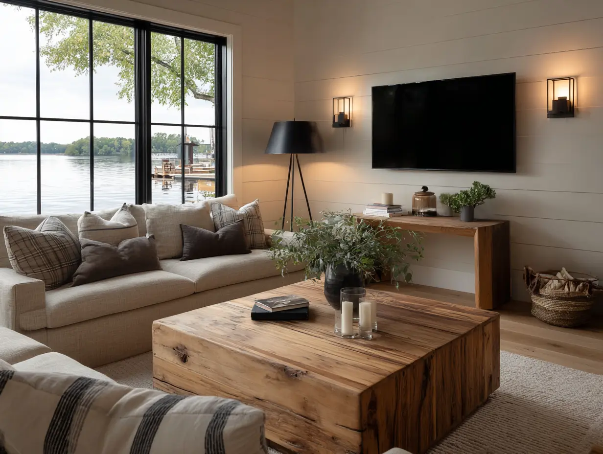 Lake house living room with layered lighting including matte black tripod floor lamp and wall sconces, natural wood coffee table, large windows with water views, and warm inviting atmosphere.