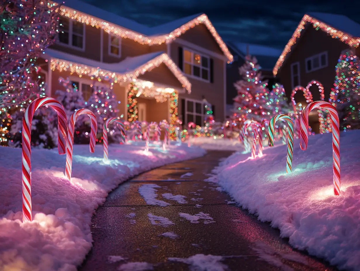 Solar Christmas lighting ideas with glowing candy cane pathway lights lining a snowy walkway.