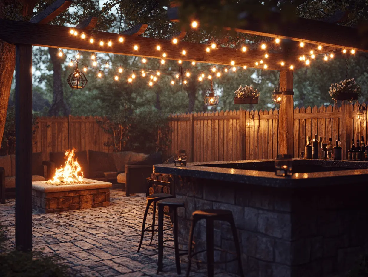 Glowing string lights, solar sconces, and fire pit in backyard man cave at night — pin this outdoor lighting idea for your backyard man cave
