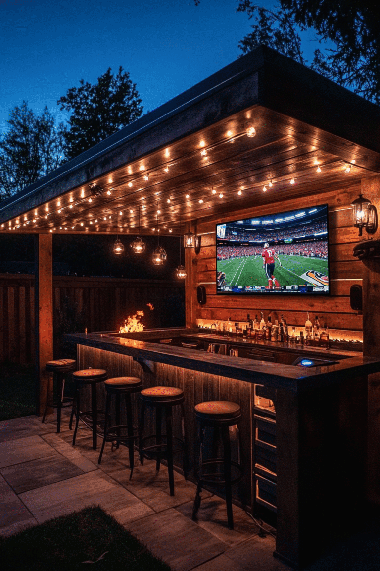 Outdoor man cave ideas featuring string lights, wood bar, mounted TV, and a fire pit—perfect for game day, chill nights, and backyard hangouts. Pin for man cave design inspo!