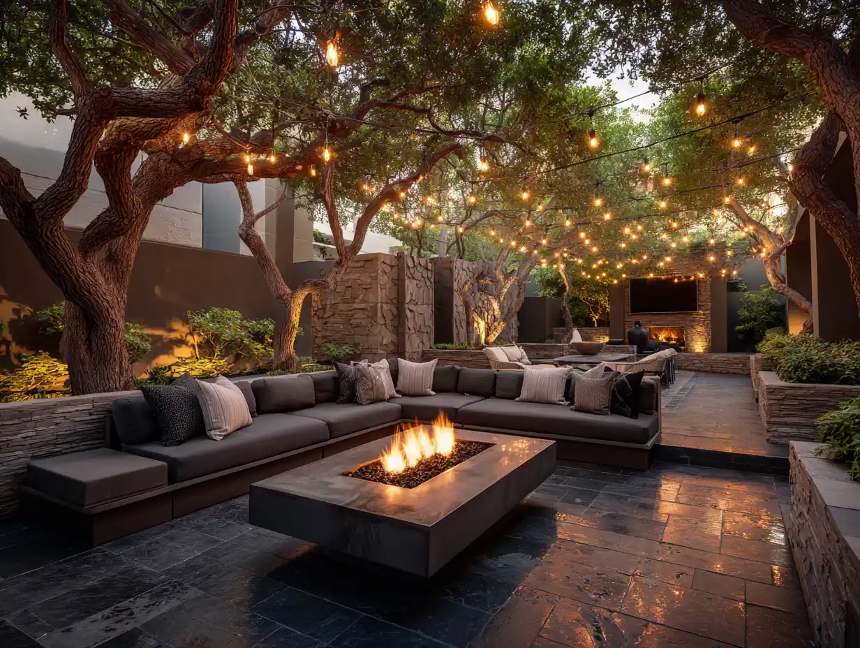 Outdoor man cave ideas highlighting ambient backyard lighting with string lights woven through trees, modern sectional seating, a sleek fire pit, and an inviting outdoor entertainment area designed for evening use.