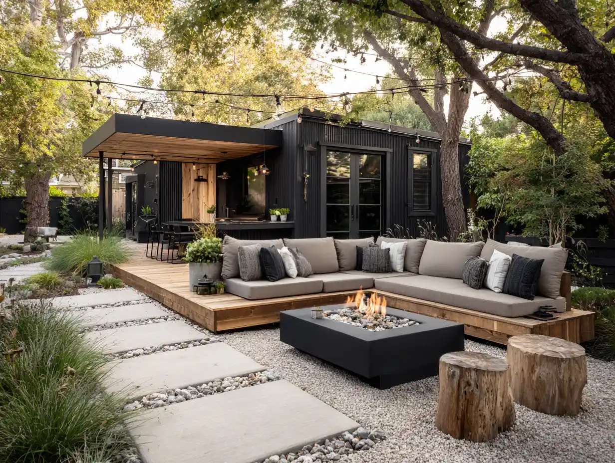 Outdoor man cave ideas featuring an open backyard lounge with sectional seating, modern fire pit, string lights, and a sleek storage shed that blends into the landscape for a functional yet relaxed hangout space.
