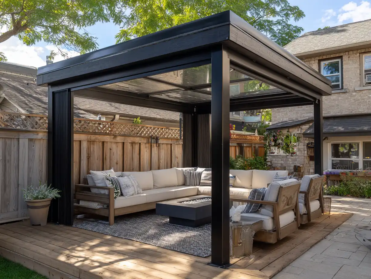 Outdoor man cave mistake showing an oversized pergola dominating a small backyard, with bulky structure crowding the seating area, blocking light, and leaving limited usable space on a tight suburban lot.