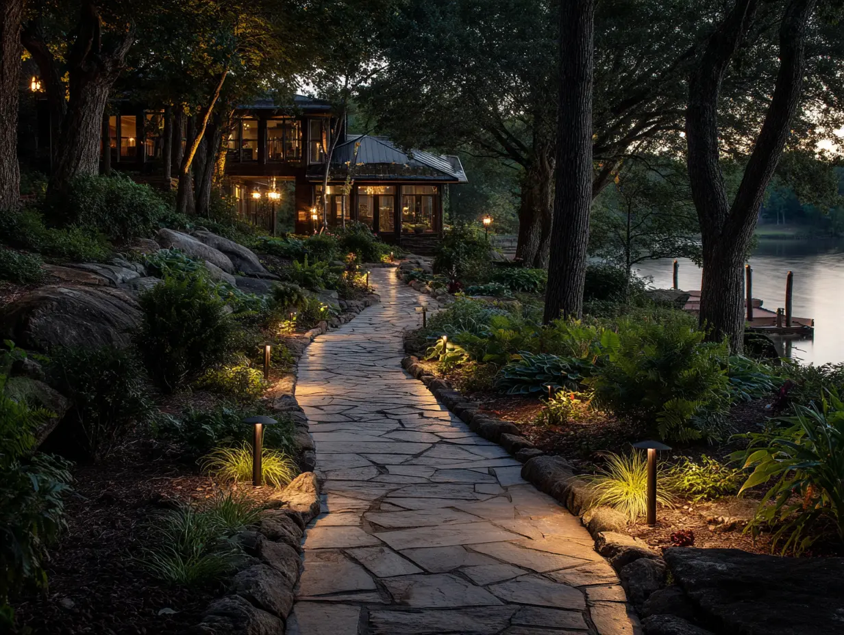Outdoor house lighting along stone pathway to lake house dock at dusk, warm LED pathway lights illuminating landscaping, welcoming curb appeal with natural surroundings.