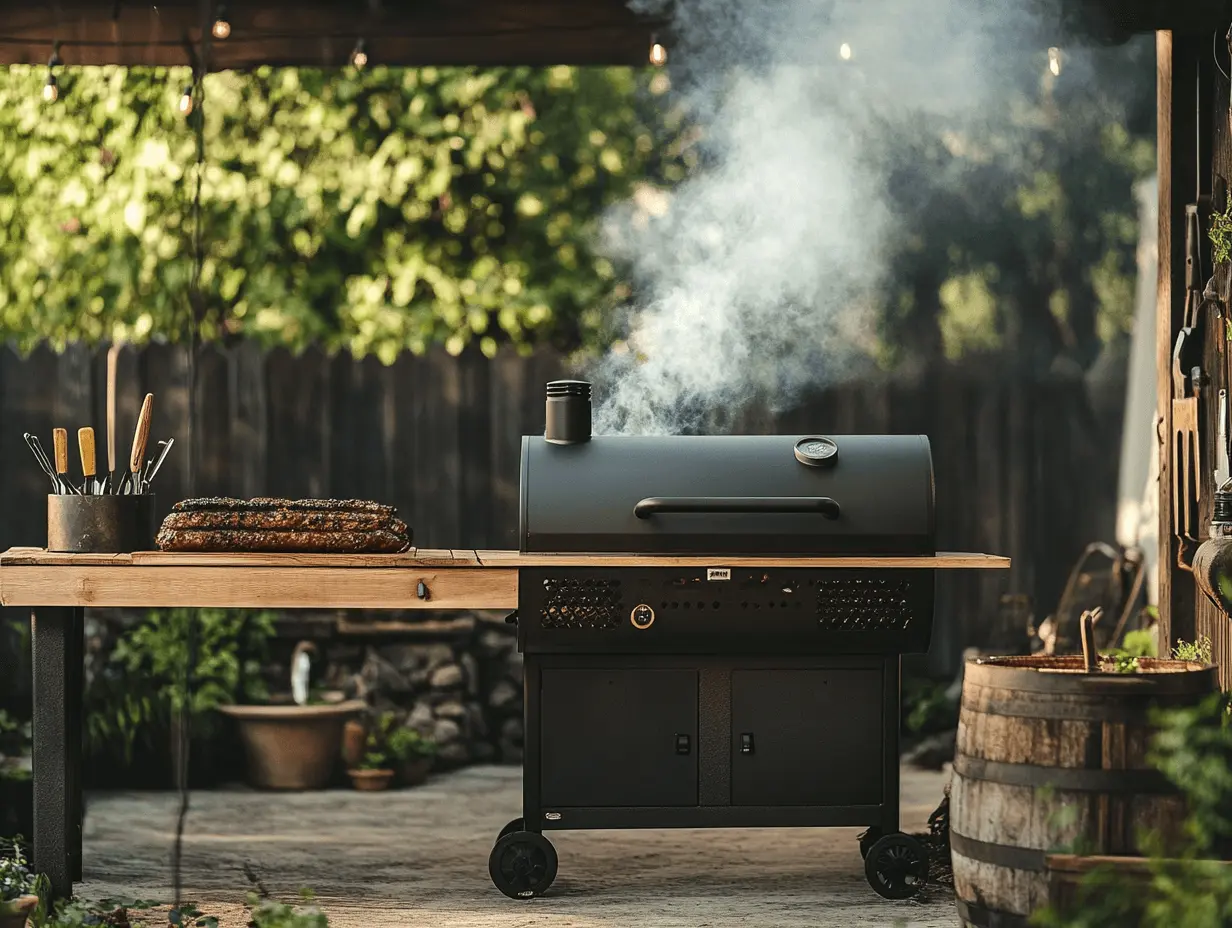 Smoker and butcher block station in an outdoor man cave — pin this smoker man cave setup for serious backyard flavor!