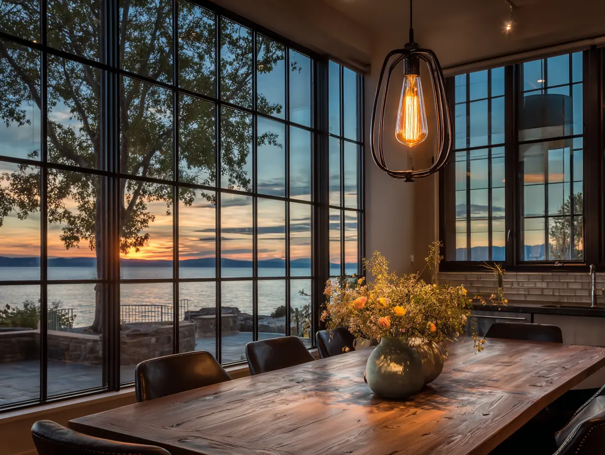 Lake house dining room at sunset with statement lighting fixture featuring warm Edison bulb, natural wood table, floor-to-ceiling windows framing water views, and inviting ambient glow.