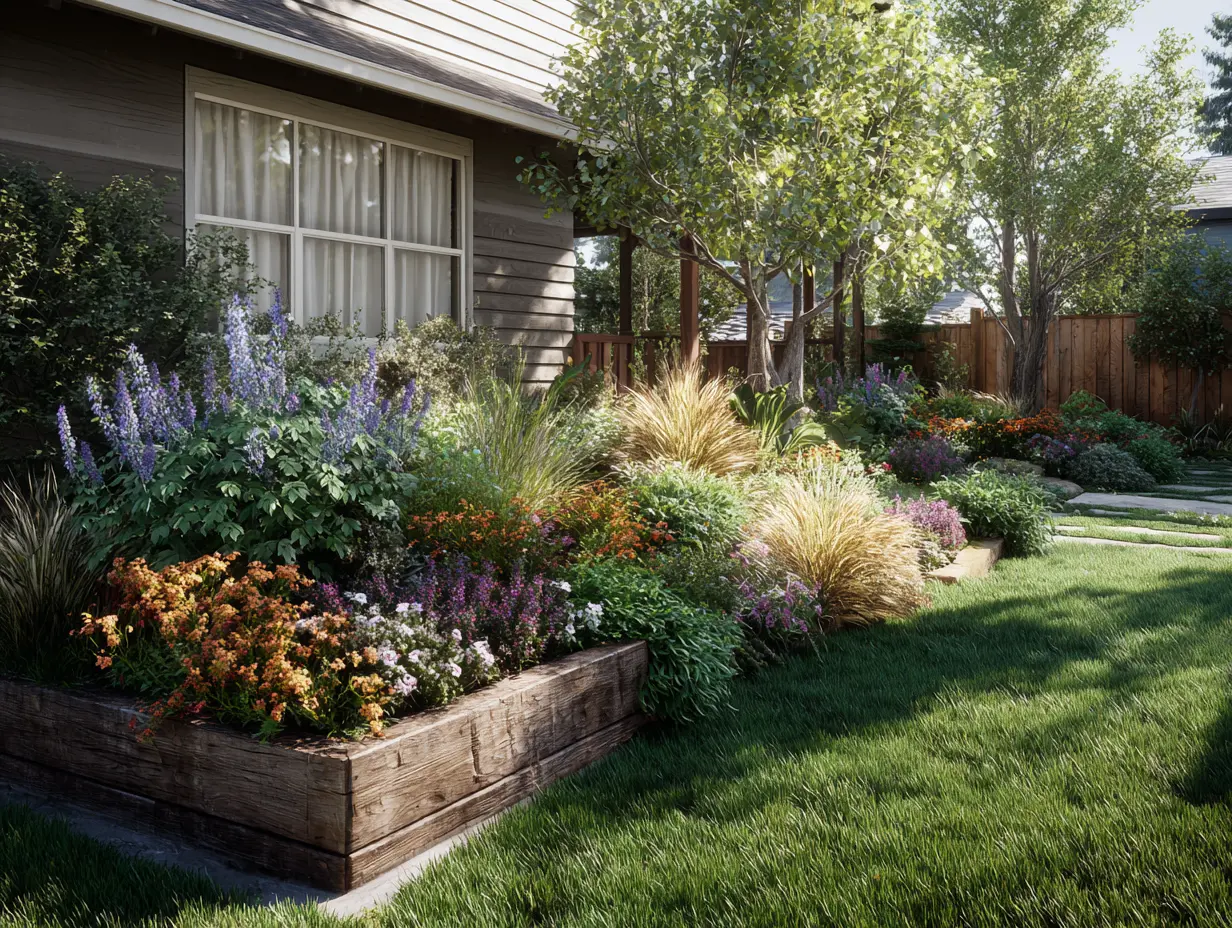 Rustic front yard with seasonal planters, compost bin, and native plants shifting through seasons

