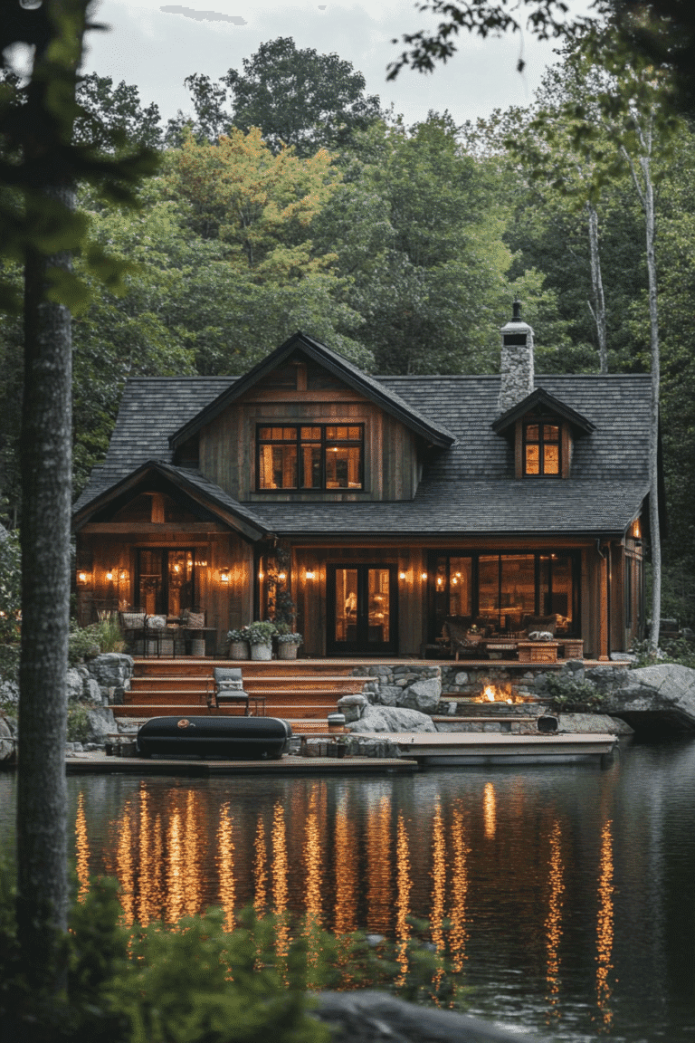Warm lake house lighting glowing from a cozy wood cabin at dusk — pin this dreamy lake house lighting idea for romantic outdoor inspiration.